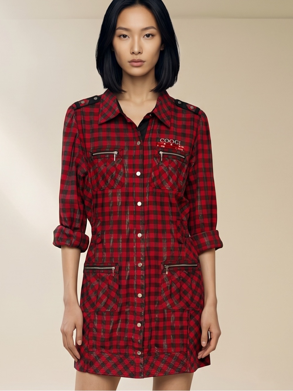 COOGI Red Black Plaid Military mini dress Collar Long sleeve Button front Unique